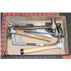 FLAT OF HAND TOOLS: BALLPOINT HAMMER, 2 HANDSAWS,