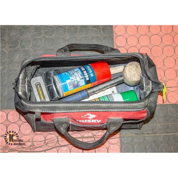 HUSKY TOOL BAG WITH SMALL LEVEL/RULER, AIR HORN