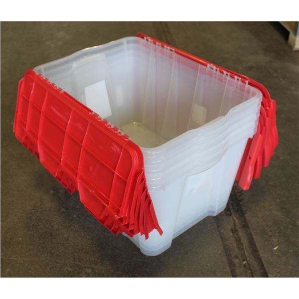 4 CLEAR STACKING TOTES - RED LIDS
