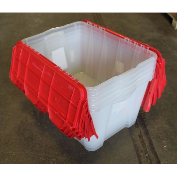 5 CLEAR STACKING TOTES - RED LIDS