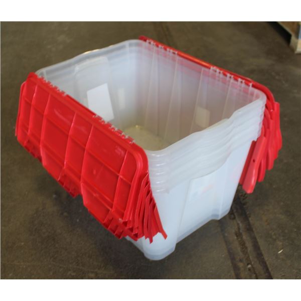 5 CLEAR STACKING TOTES - RED LIDS