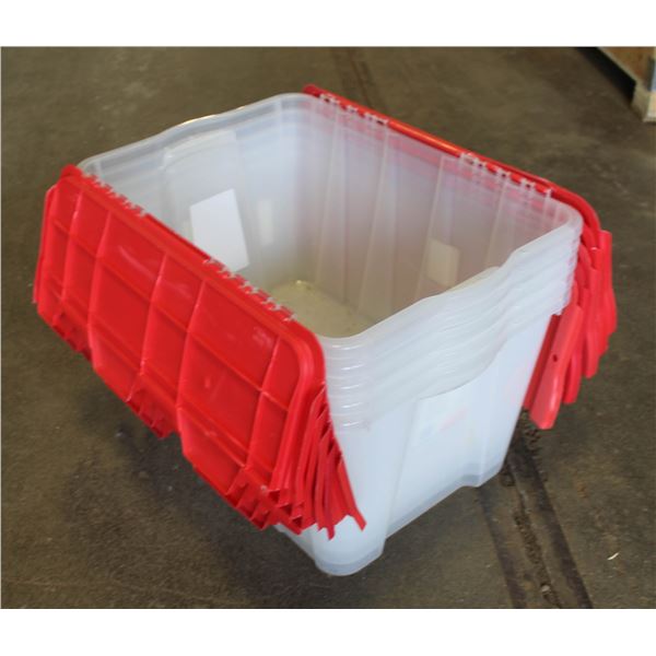 5 CLEAR STACKING TOTES - RED LIDS