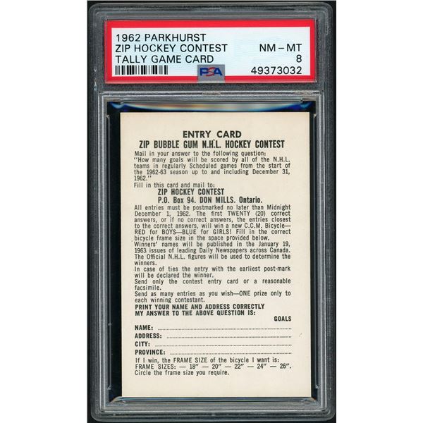 1962-63 Parkhurst Zip Entry Card (PSA 8)