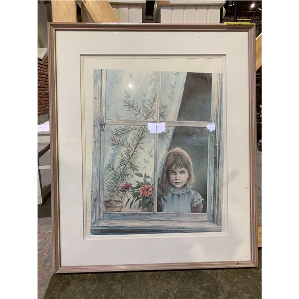 FRAMED ART OF GIRL LOOKING THRU WINDOW APPROX 31"X37"