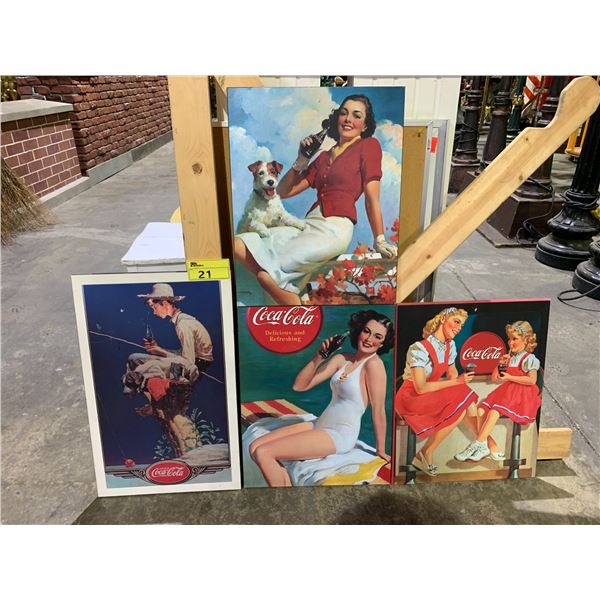 4 ASSORTED WOOD PLAQUE COCA-COLA ADVERTISEMENTS