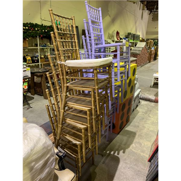 7 PURPLE STACKING WOOD CHAIRS WITH CUSHIONS & 6 GOLD STACKING WOOD CHAIRS WITH CUSHIONS