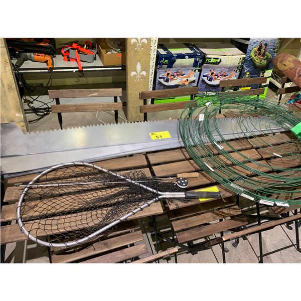 ASSORTED ITEMS INCLUDING; 5 PROP SAWS, ASSORTED SIZE WIRE WREATH FRAMES, FISHING NET & FISHING POLE