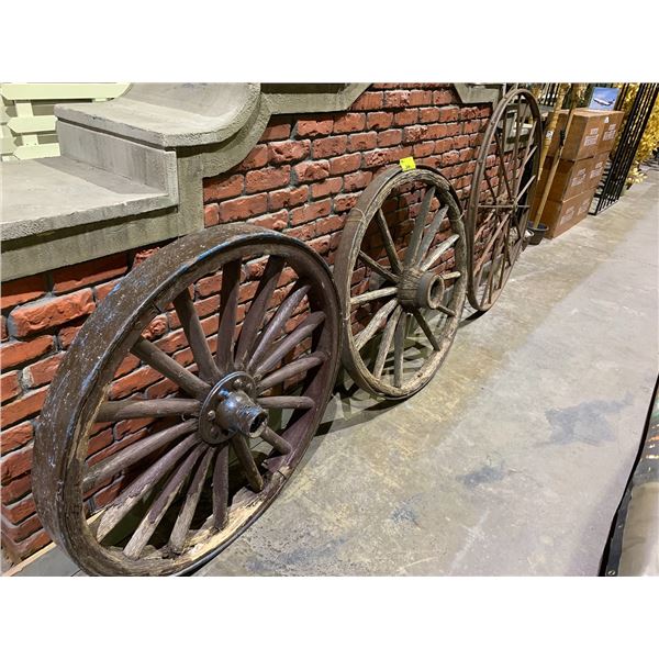 3 ASSORTED SIZE WOOD & METAL WAGON WHEELS