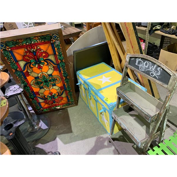 BACK LIT FAUX STAINED GLASS WINDOW, 3 TIER STANDING RACK & VINTAGE WOOD CHEST