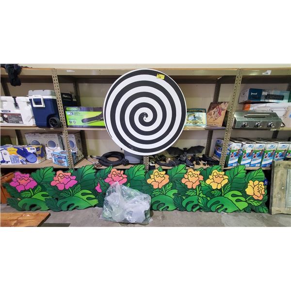 LARGE HYPNOSIS PROP, 6 WOOD FLOWER SIGNS, 2 SALOON STYLE WOOD DOORS & BAG OF FAUX PLANT PARTS