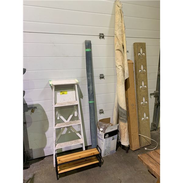 ASSORTED ITEMS INCLUDING; WOOD STEP LADDER, BOX OF GLASS INSULATORS, KITCHEN COUNTER SHELVES & MORE