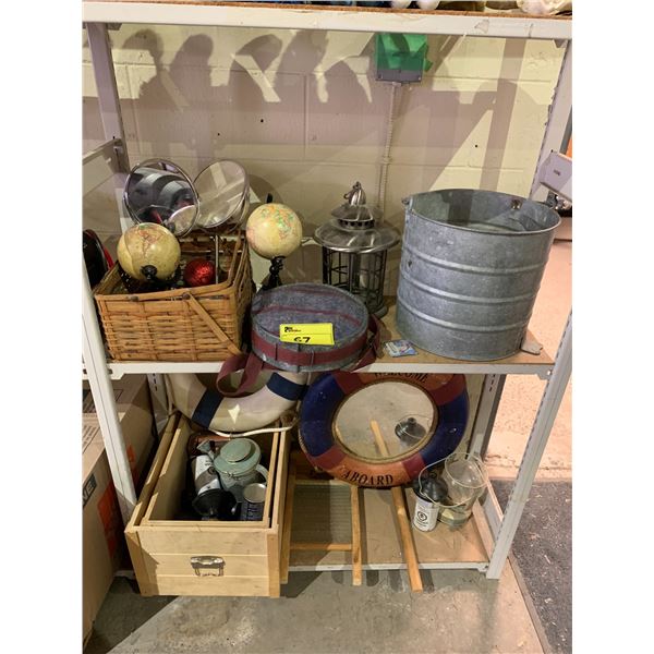 2 SHELVES OF ASSORTED ITEMS INCLUDING; VANITY MIRRORS, SMALL GLOBES, VINTAGE WASHBOARD & MORE