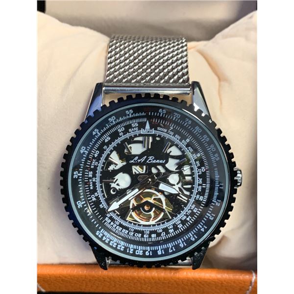 MEN'S LA BANUS SKELETON DIAL WATCH WITH SHARK MESH STAINLESS STEEL STRAP, SILVER COLOUR