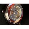 Image 2 : MEN'S STOCKWELL AUTOMATIC SPORTS WATCH, SKELETON DIAL, BLACK LEATHER STRAP WITH RED DETAILING