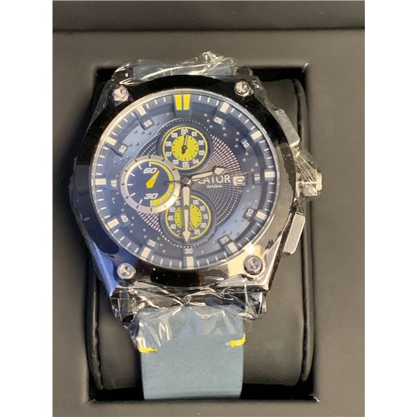 MEN'S LATOR CALIBRE L9180 CHRONOGRAPH WATCH, 42 MM CASE, BLUE DIAL WITH YELLOW DETAILING,