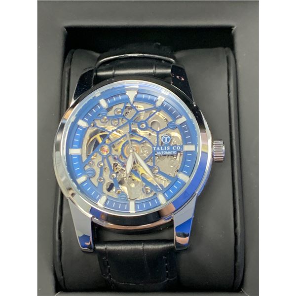 MEN'S TALIS CO 7820 AUTOMATIC WATCH, BLACK SKELETON DIAL AND CASE, BLACK LEATHER STRAP, GLASS