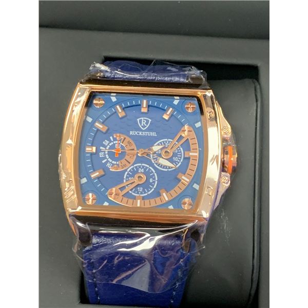 MEN'S RUCKSTUHL R300 CHRONOGRAPH WATCH, GOLD COLOUR CASE, BLUE MULTI FUNCTION DIAL