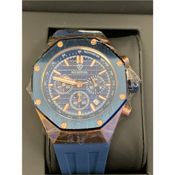 MEN'S RUCKSTUHL CHRONOGRAPH R500 WATCH, GOLD COLOUR CASE, BLUE DIAL, 3ATM WATER RESISTANT, RUBBER