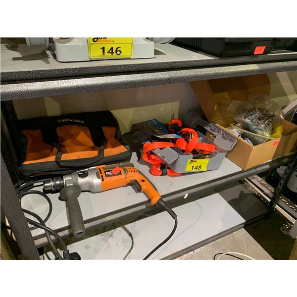 RIDGID HAMMER DRILL, RATCHET STRAPS AND ASSORTED HARDWARE