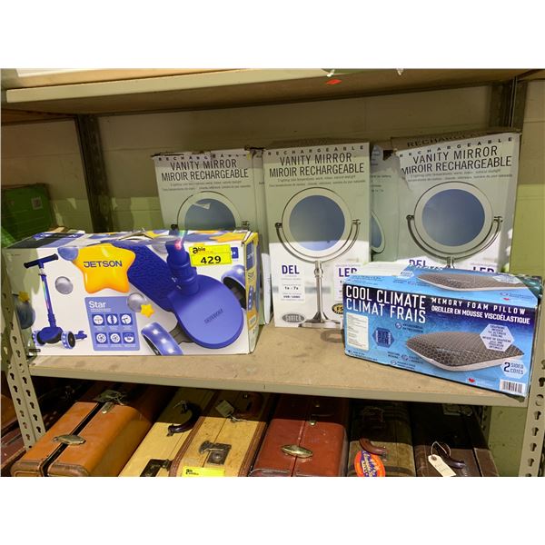 SHELF LOT OF JETSON SCOOTER, COOL CLIMATE MEMORY FOAM PILLOW AND 3 VANITY MIRRORS