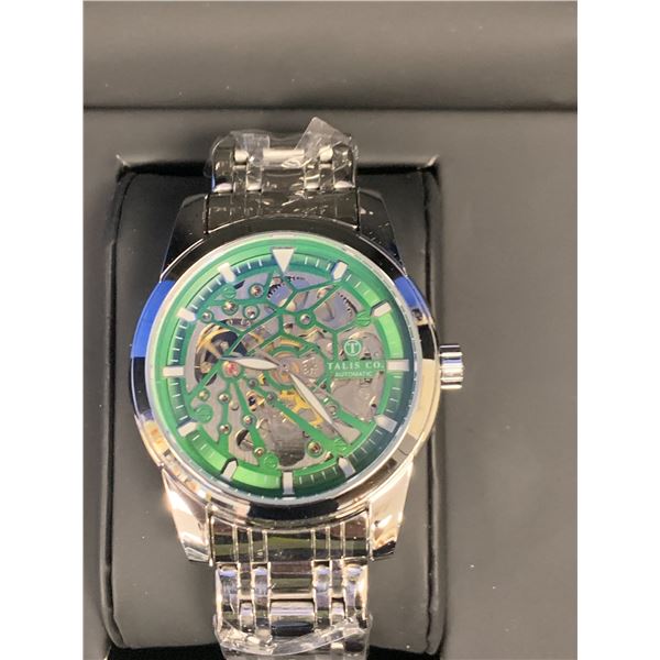 NEW MEN'S TALIS CO 7820 AUTOMATIC WATCH, BLACK SKELETON DIAL AND CASE, STAINLESS STEEL STRAP,