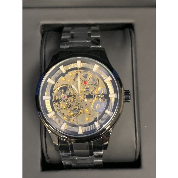 NEW MENS LATOR CALIBRE L7280 AUTOMATIC WATCH, BLUE SKELETON DIAL, STAINLESS STEEL STRAP, GLASS