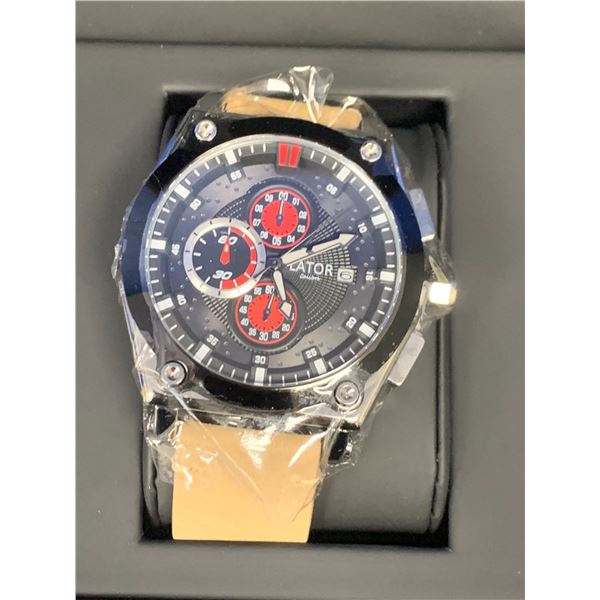 NEW MEN'S LATOR CALIBRE L9180 CHRONOGRAPH WATCH, 42 MM CASE,  BLACK DIAL WITH RED DETAILING,