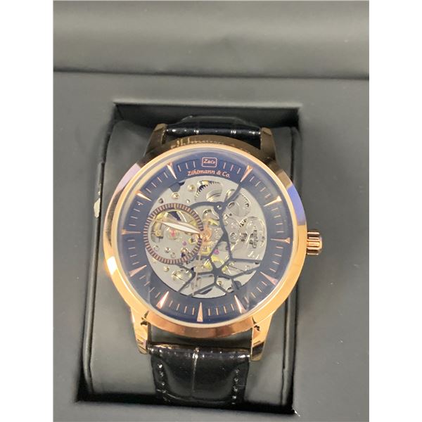 NEW MENS ZIHLMANN & CO AUTOMATIC WATCH, Z210, SKELETON DIAL, GOLD COLOUR CASE,  GENUINE LEATHER