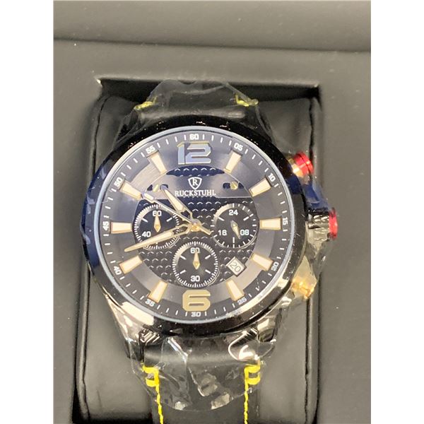 NEW MEN'S RUCKSTUHL CHRONOGRAPH WATCH, MODEL R120, BLACK MULTI-FUNCTION DIAL, BLACK GENUINE