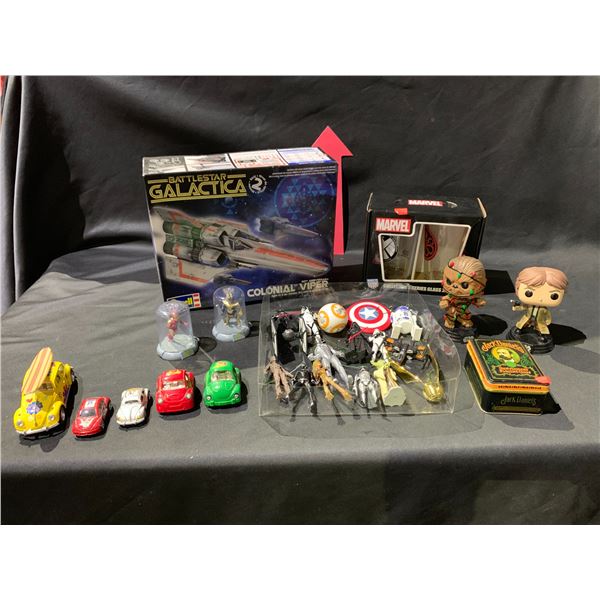 ASSORTED COLLECTIBLES INCLUDING; STAR WARS, MARVEL & HARRY POTTER CHRISTMAS ORNAMENTS, BATTLESTAR