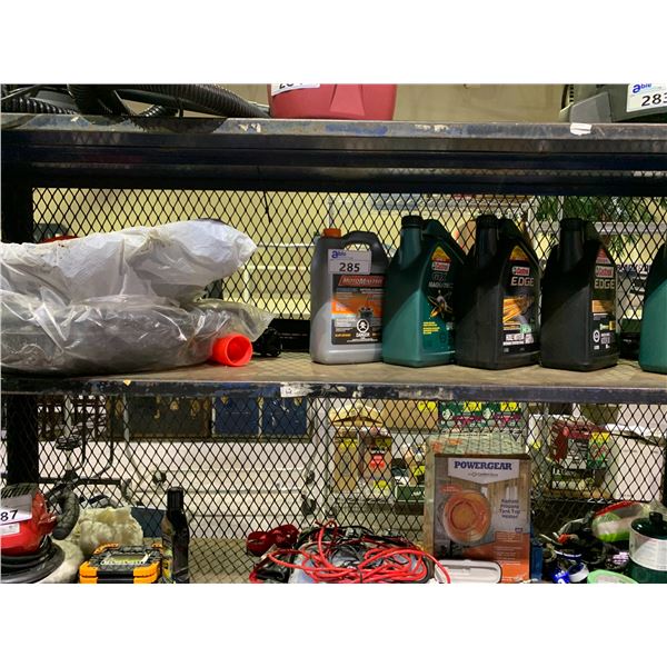 ASSORTED OIL PRODUCTS INCLUDING; CATROL & MOTOMASTER MOTOR OIL, OIL DRIP TRAYS, FUNNELS & MORE