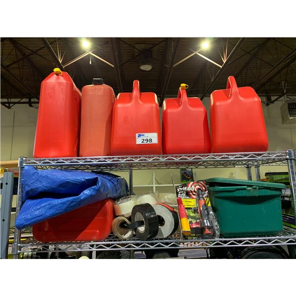 6 ASSORTED JERRY CANS, FLOW CONTROL SPOUTS, ASSORTED ROLLS OF TAPE & MORE