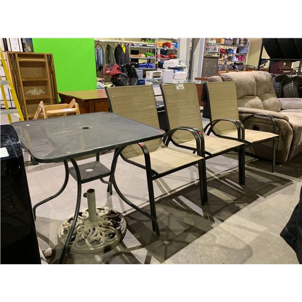 PATIO TABLE WITH 3 PATIO CHAIRS & UMBRELLA STAND