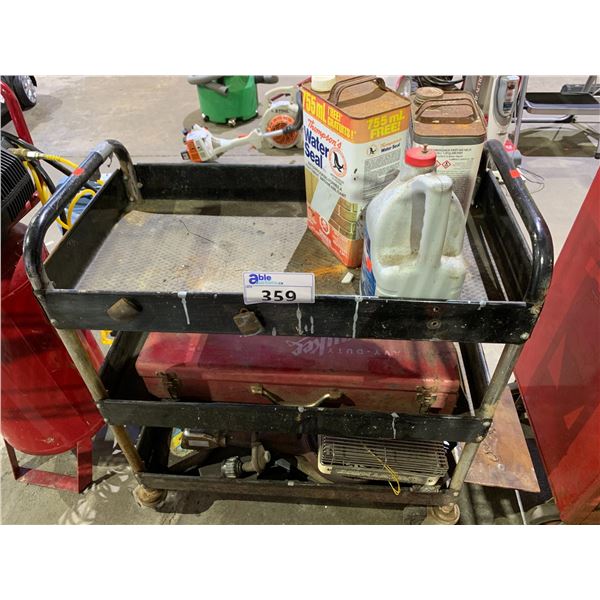 MOBILE 3 TIER CART WITH ASSORTED CONTENTS INCLUDING; WATER SEALANT, HEATER, WELDBOND ADHESIVE &