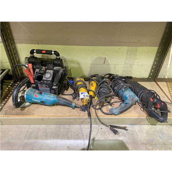 ASSORTED TOOLS INCLUDING; MAKITA CONCRETE PLANER, DEWALT GRINDER, JOBMATE RECIPROCATING SAW & MORE