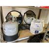 Image 1 : ASSORTED ITEMS INCLUDING; ELECTRIC AIR PUMP, MIRRORS, FOLDING CHAIR & PROPANE TANK