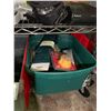 Image 2 : BIN OF ASSORTED BATTERIES & BIN OF ASSORTED ITEMS INCLUDING; HAND SAW, DUST COLLECTING DRILL GUIDE