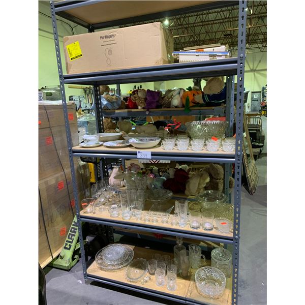 RACK OF ASSORTED GLASSWARE, VINTAGE SCALE & LAMP (RACK NOT INCLUDED)