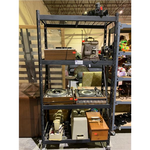 RACK OF ASSORTED VINTAGE ELECTRONICS INCLUDING; VIDEO CAMERA, TURN TABLES, SEWING MACHINE & MORE