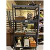 Image 1 : RACK OF ASSORTED VINTAGE ELECTRONICS INCLUDING; VIDEO CAMERA, TURN TABLES, SEWING MACHINE & MORE