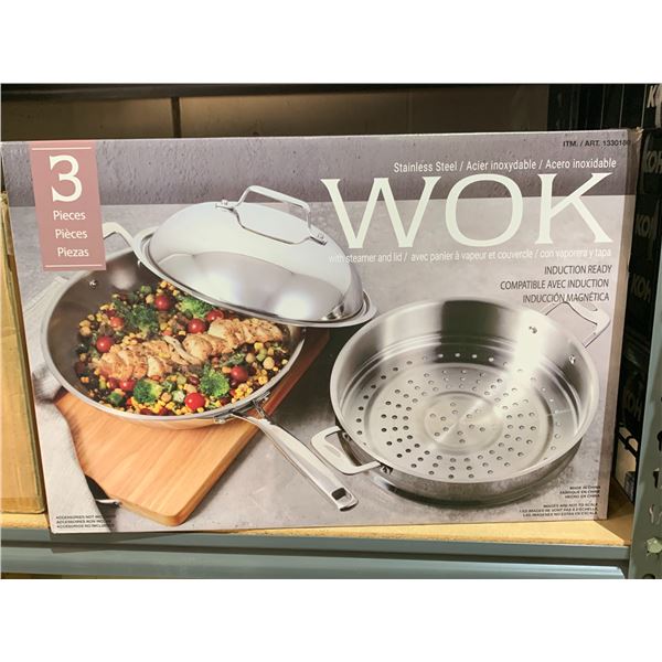 STAINLESS STEEL WOK WITH STEAMER AND LID