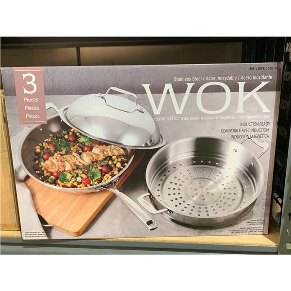 STAINLESS STEEL WOK WITH STEAMER AND LID