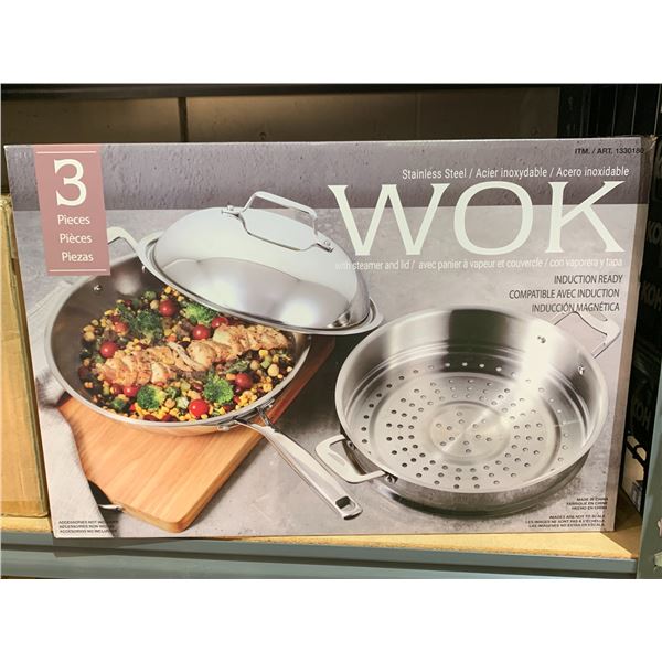 STAINLESS STEEL WOK WITH STEAMER AND LID