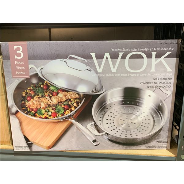 STAINLESS STEEL WOK WITH STEAMER AND LID