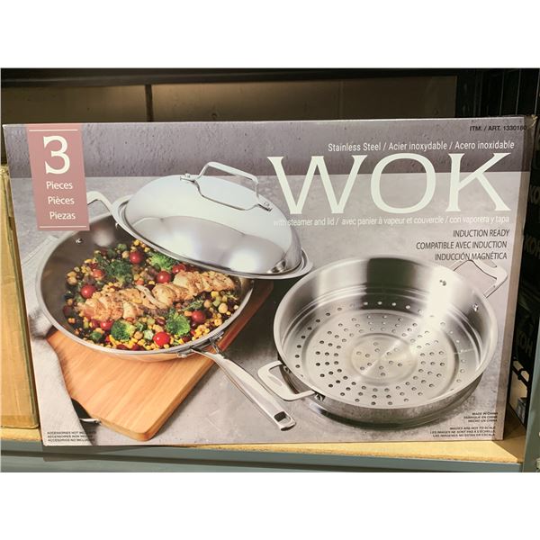 STAINLESS STEEL WOK WITH STEAMER AND LID