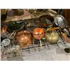 Image 2 : ENTIRE RACK (RACK NOT INCLUDED) OF ASSORTED ITEMS; COPPER FRYING PANS, VASES, COOKWARE AND MORE