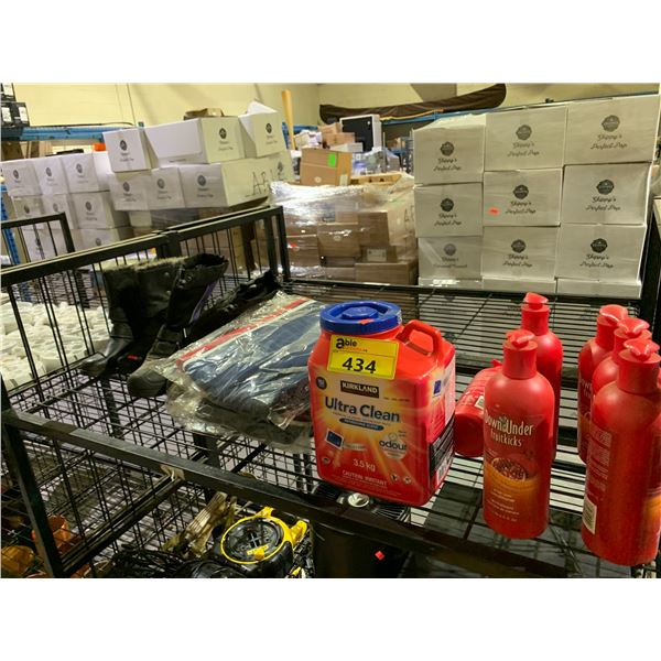 SHELF LOT OF LAUNDRY DETERGENT, CONDITIONER, JOGGING PANTS AND BOOTS