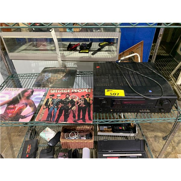 DENON AMPLIFIER WITH VILLAGE PEOPLE RECORD AND 2 CALENDARS