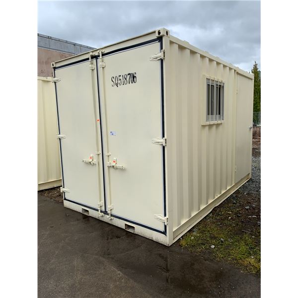 12FT CREAM OFFICE STORAGE SHIPPING CONTAINER WITH DUAL SWING REAR DOORS WITH CAMS, SIDE MAN