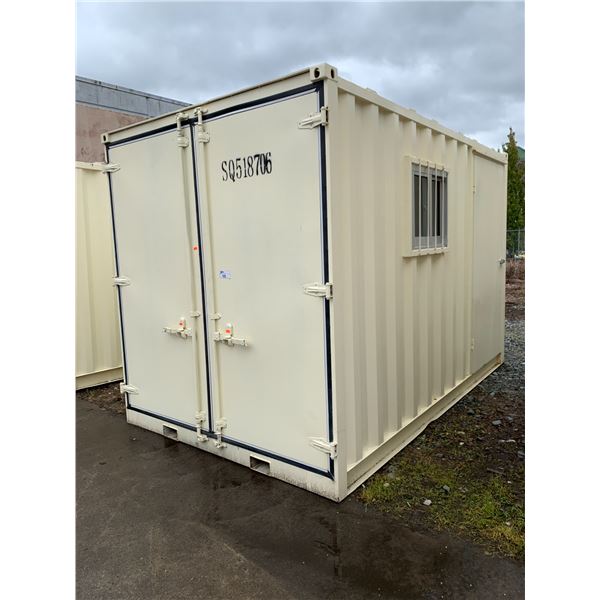 12FT CREAM OFFICE STORAGE SHIPPING CONTAINER WITH DUAL SWING REAR DOORS WITH CAMS, SIDE MAN